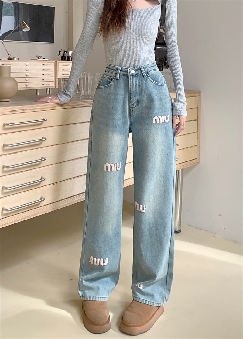 實拍~2024早春淺藍色刺繡直筒牛仔褲女高腰顯瘦拖地褲