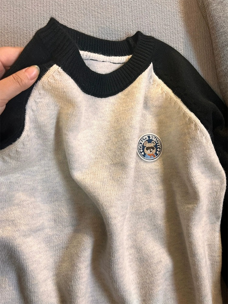 CHUNZHEN 拼色插肩袖刺繡針織衫春秋季新款韓版寬鬆休閒內搭上衣