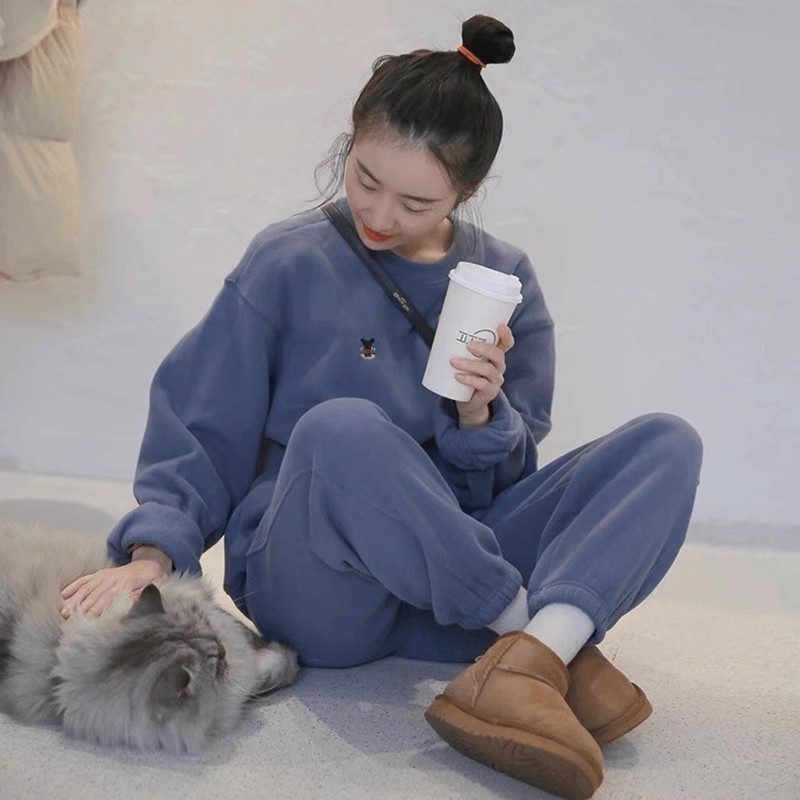 秋冬加絨加厚衛衣套裝女純棉韓系小個子時尚顯瘦運動服兩件套