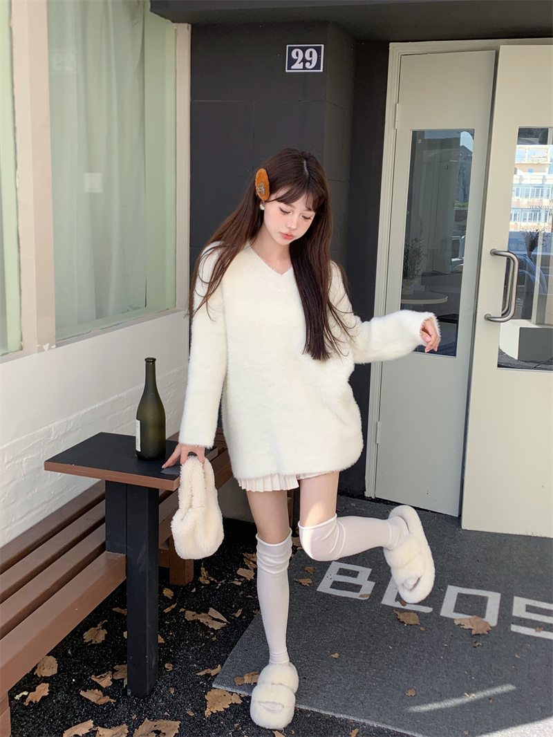 實拍~慵懶風甜美水貂毛中長款加厚毛衣內搭外穿連衣裙女