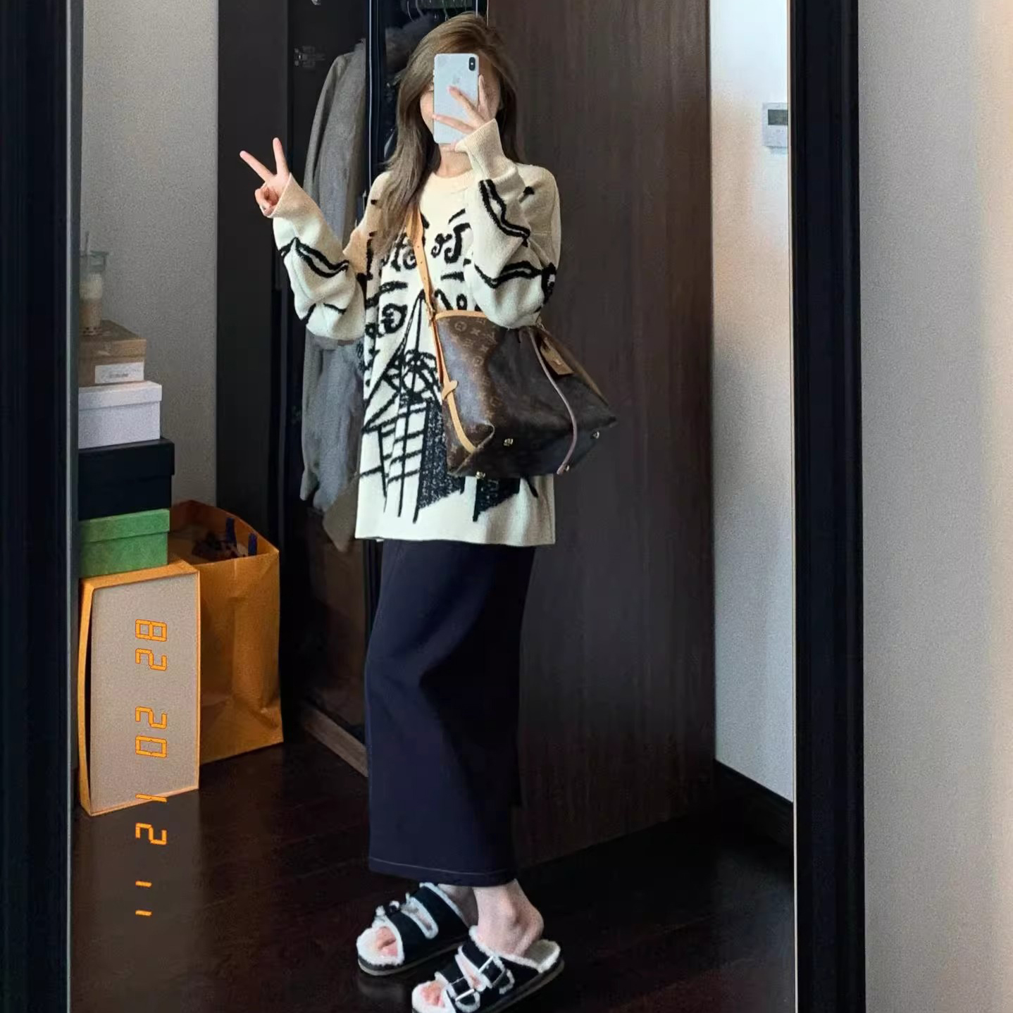 秋冬復古慵懶風立體塗鴉感提花針織毛衣半身裙減齡小個子兩件套裝