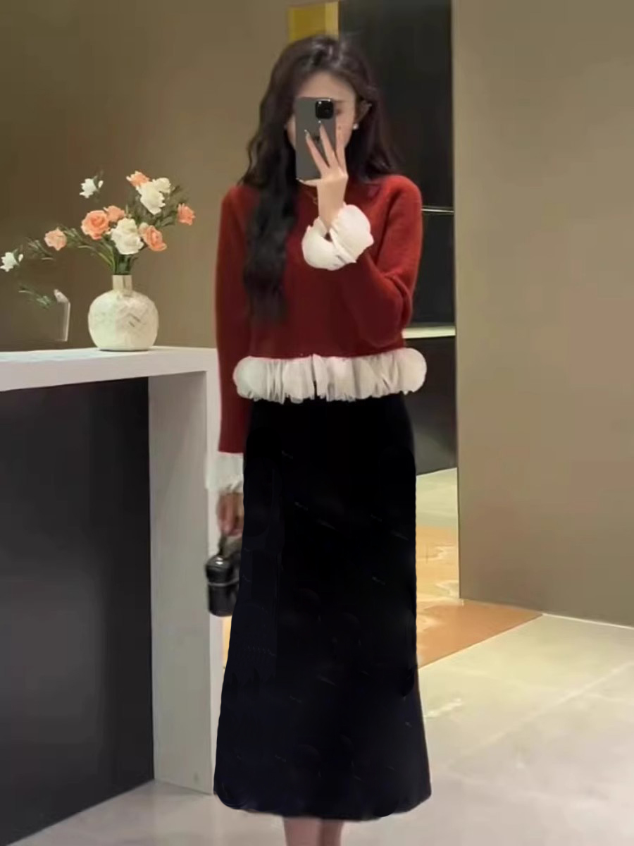 法式復古高級感花瓣羊絨毛衣半身裙女秋冬針織新年過年兩件套裝