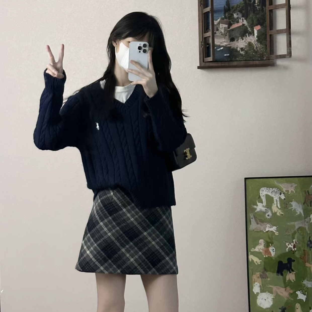 春秋V領毛衣打底格子包臀裙三件套炸街減齡時尚套裝女小個子套裝