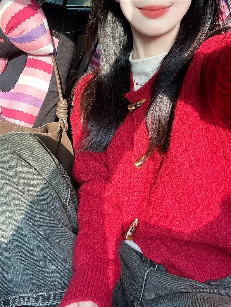 本命年聖誕紅色慵懶風毛衣外套女秋冬2023新款針織開衫三件套