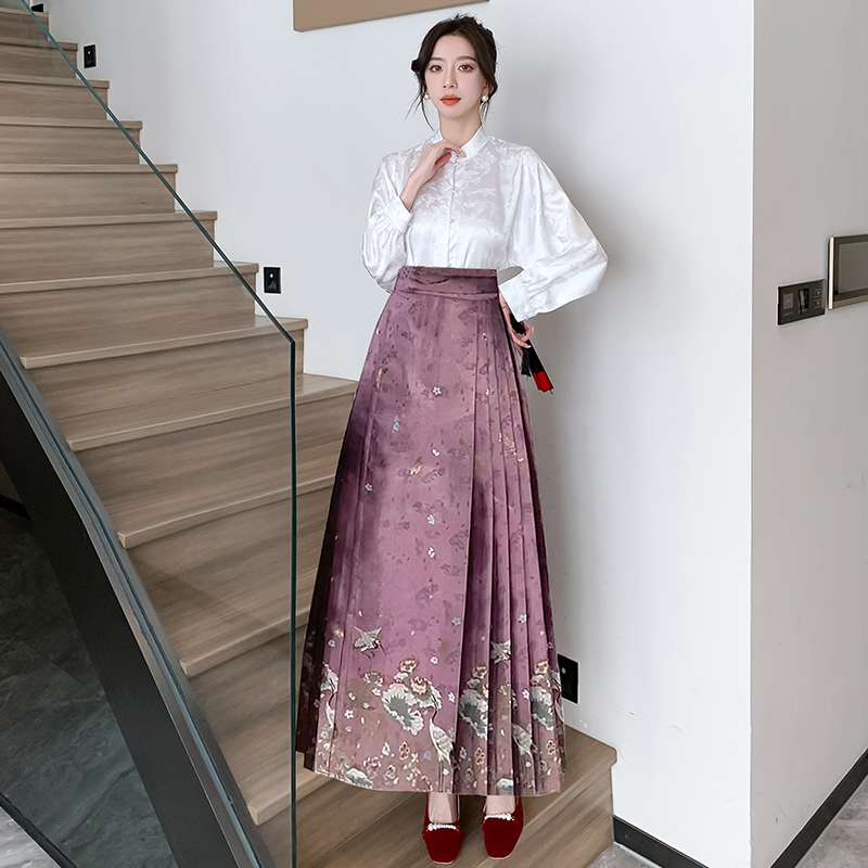 實拍蘆池小景明制多色玫紫馬面裙套裝日常可穿漢服女新款四季可穿