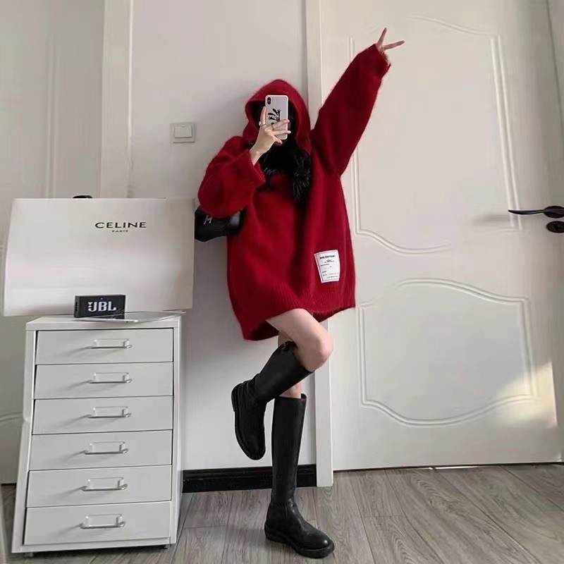 冬季2023年新款韓系連帽外套加厚聖誕紅色毛衣女秋冬慵懶風中長款