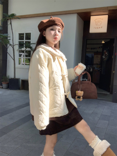 Actual shot~ Japanese style gentle Korean style rhombus cotton coat horn button plus velvet lambswool coat for women thickened in winter