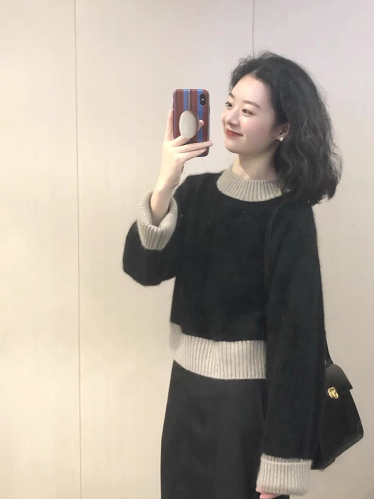 黑白撞色浣熊絨毛衣女秋冬高級感寬鬆慵懶打底針織羊毛衫加厚冬季