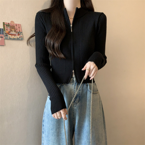 Real shot black zipper knitted cardigan jacket women's new outer sweater slim bottoming shirt top