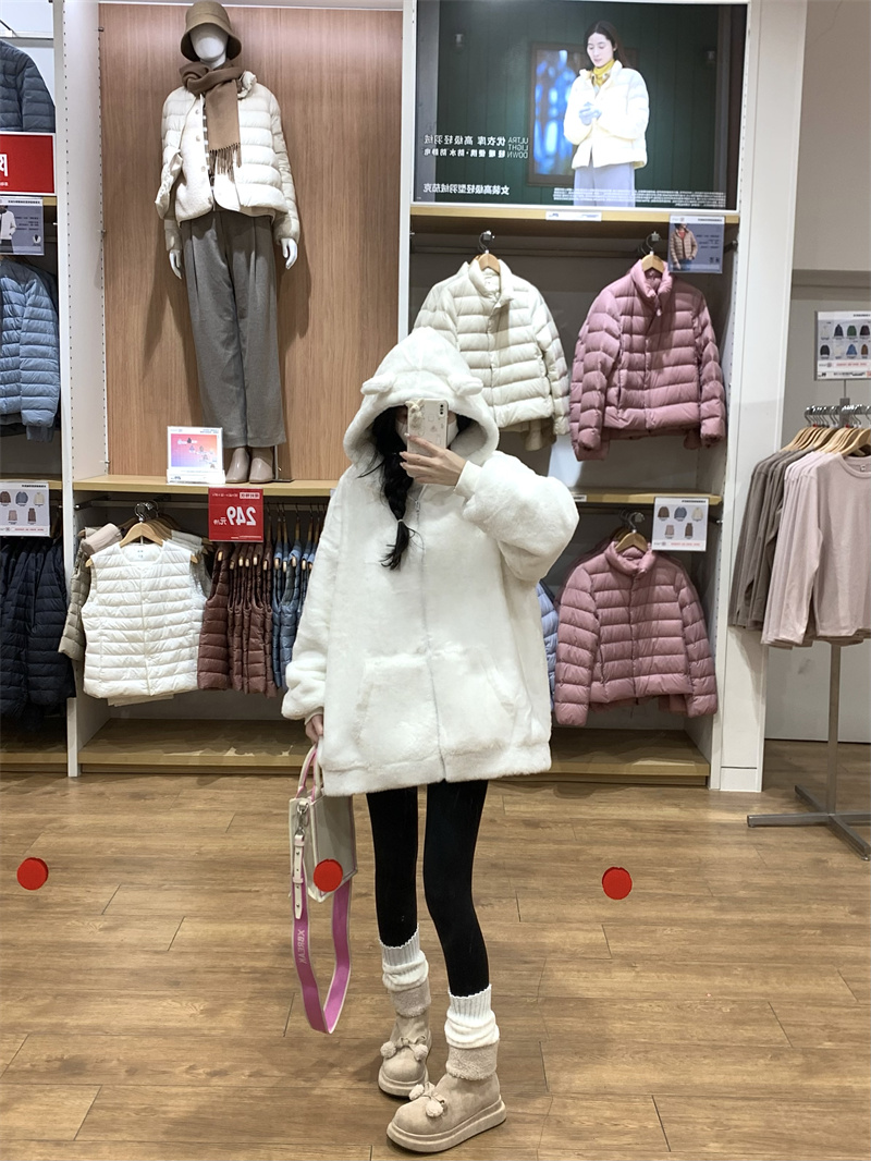 Actual shot#Furry cardigan jacket for women in winter new style loose and versatile warm hooded woolen plush top