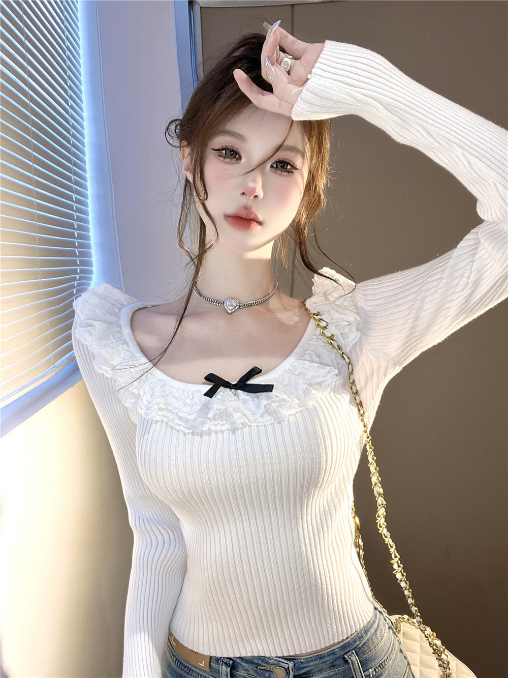 Real shot of cute lace collar bow shirt long-sleeved bottoming shirt sweet knitted T-shirt top