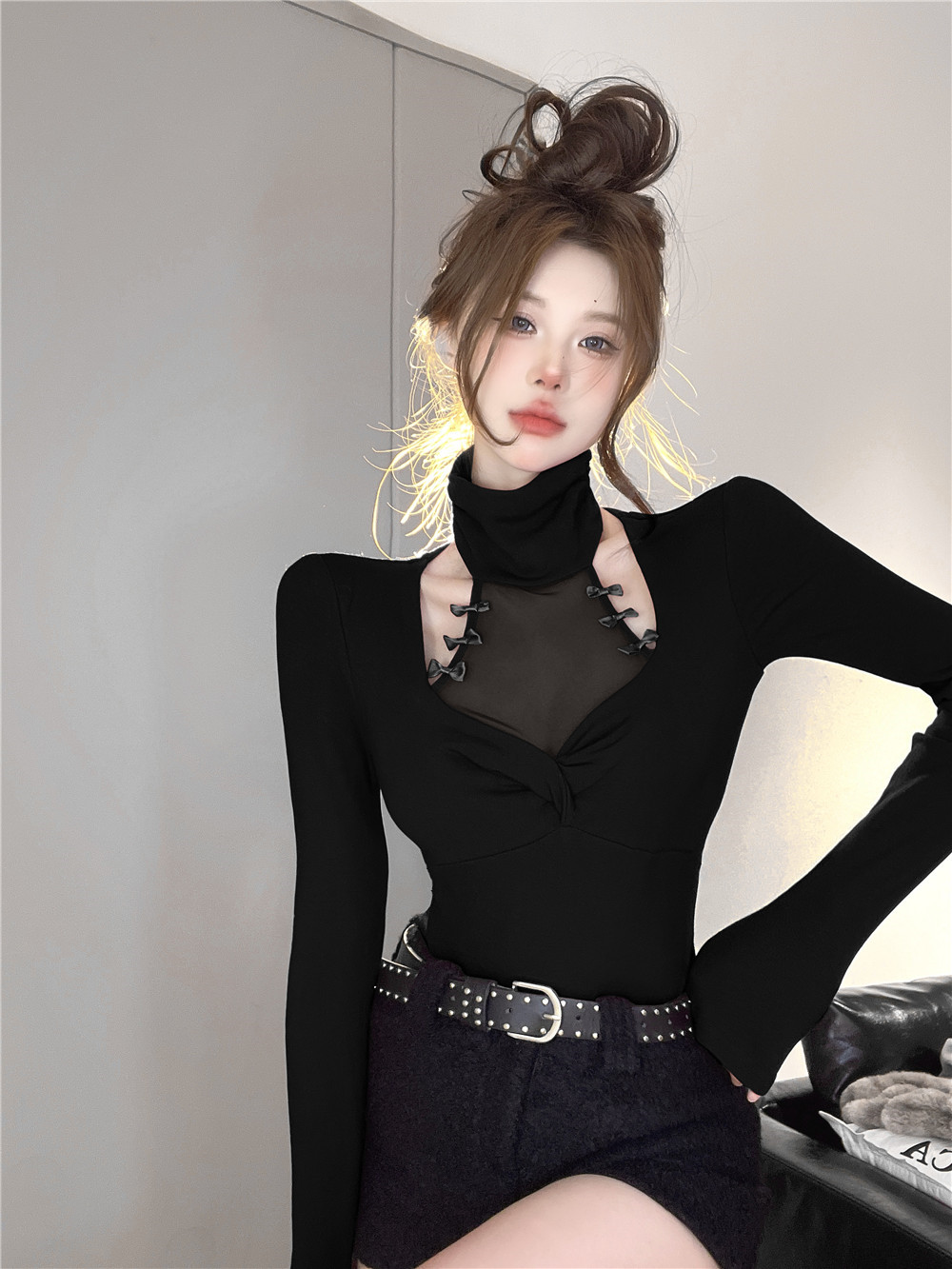Real shot - pure lust style bow mesh stitching with leaking collarbone T-shirt for women long-sleeved slim bottoming shirt