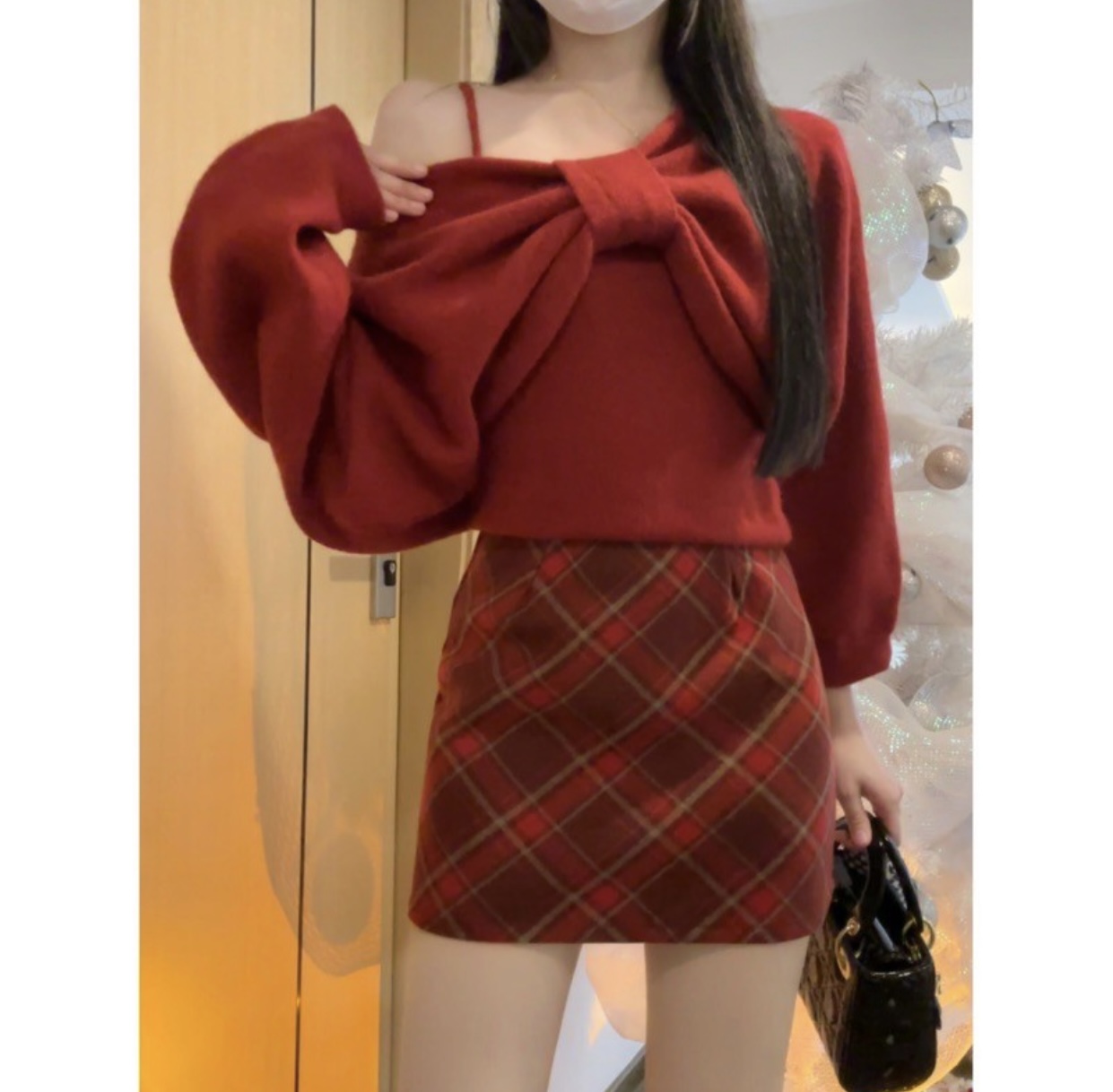 深秋冬裝搭配一整套高級感本命年龍年過年紅色戰袍小香風毛衣套裝