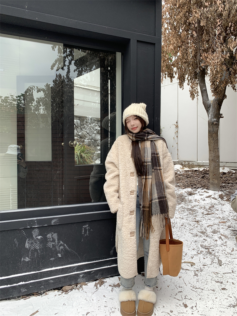 Actual shot ~ Loose and lazy long lamb wool coat for women, Korean style over-the-knee thickened fur all-in-one cotton coat