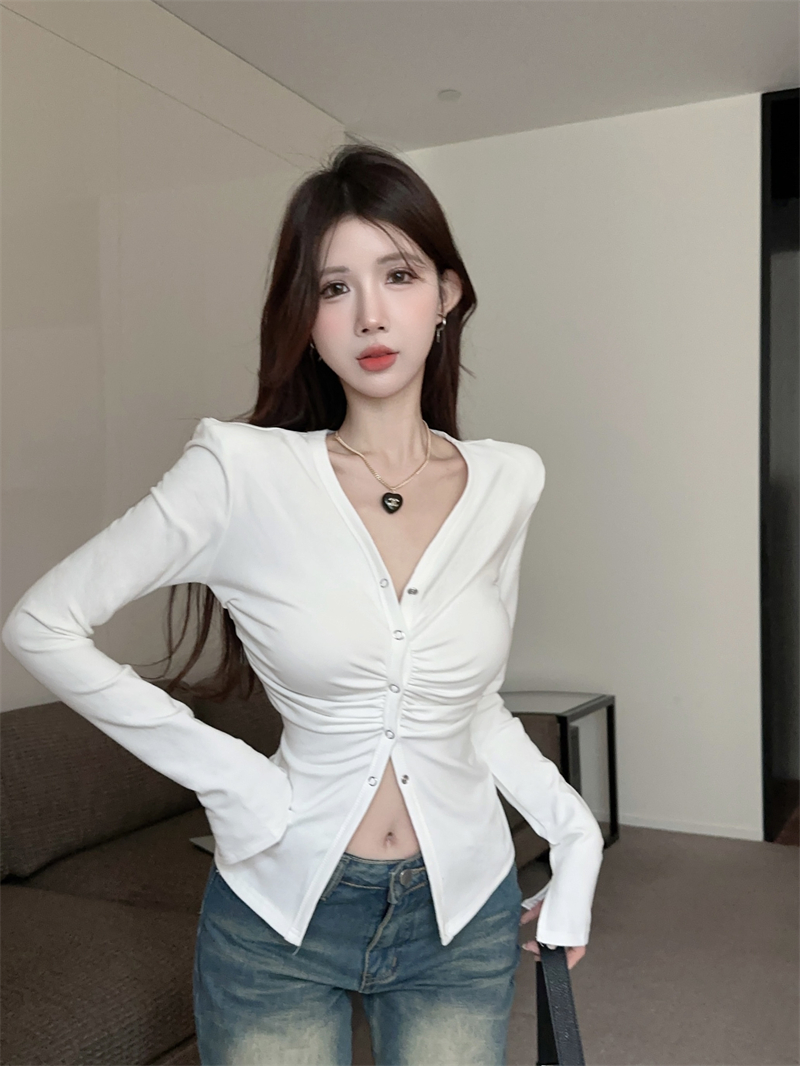 Actual shot of the new early spring slit long-sleeved brushed sexy v-neck design niche bottoming shirt