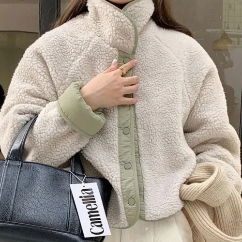 chic Korean style winter retro simple lapel lamb wool reversible versatile cotton jacket for women
