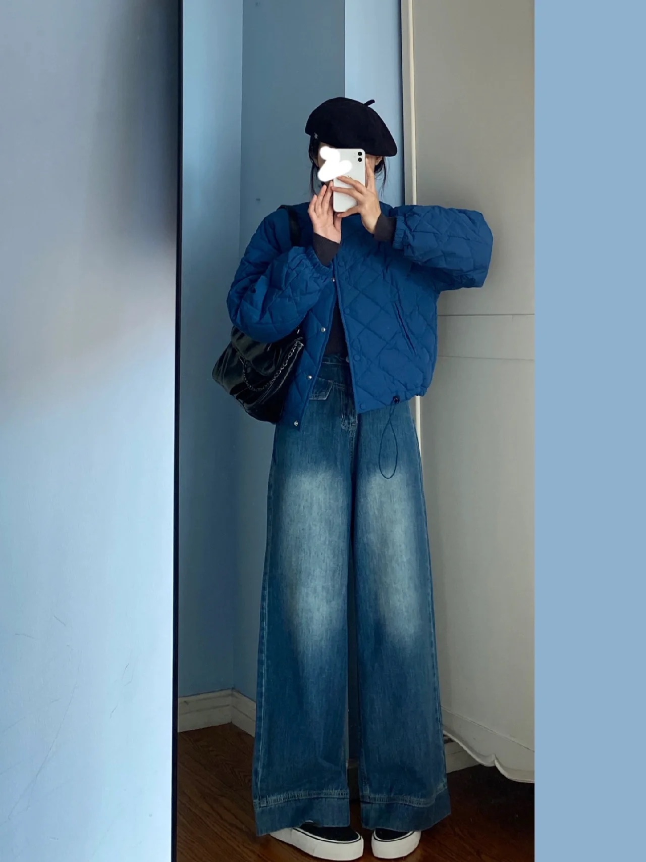 秋冬季小個子茶系穿搭藍色羽絨棉衣棉服外套牛仔闊腿褲兩件套裝女