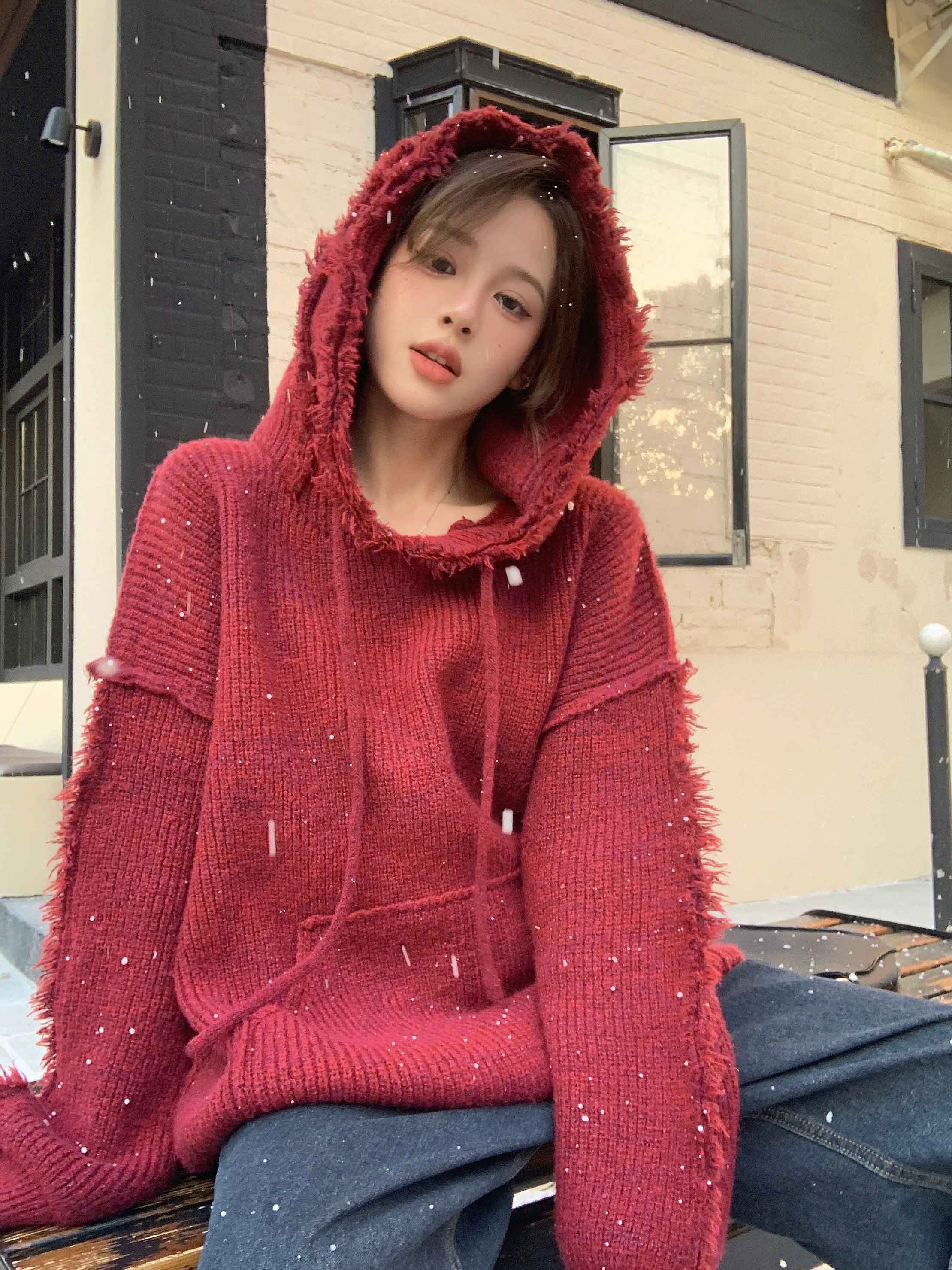 Real shot of fringed hooded soft waxy sweater for women for autumn and winter outer wear 2023 new loose lazy style knitted sweater top for women
