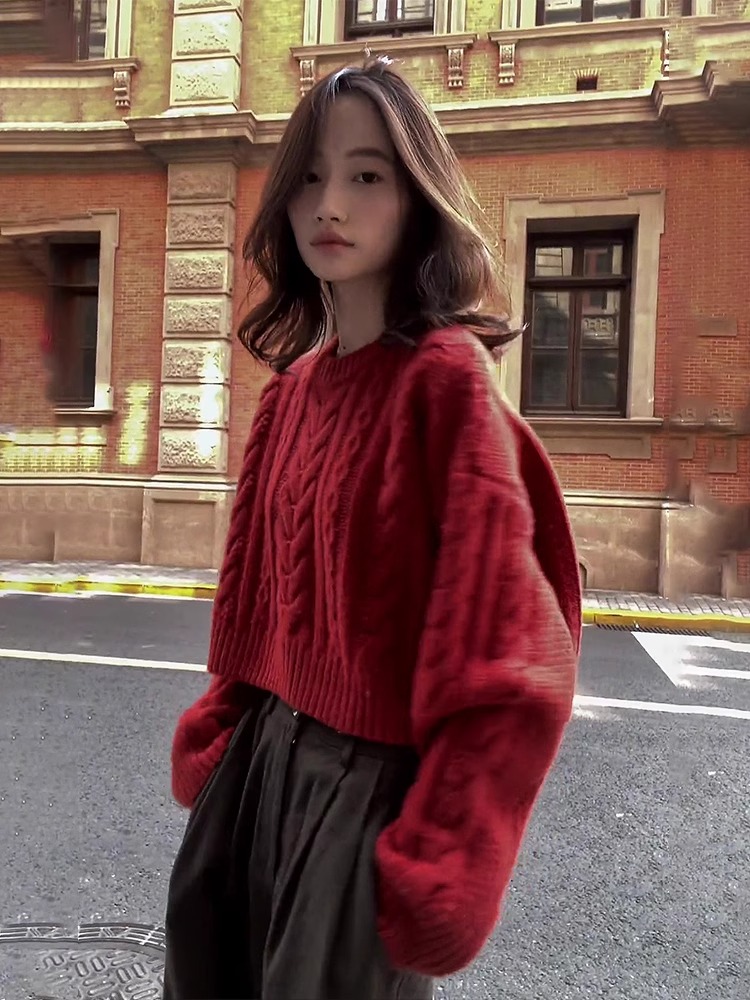 高級感超好看紅色套頭短款毛衣女秋冬2023新款慵懶風軟糯針織上衣