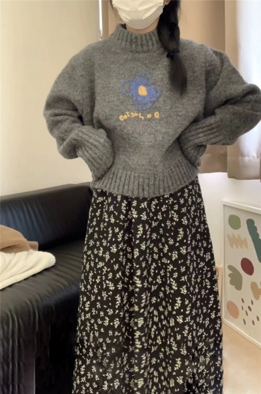 深秋裝搭配一整套女冬季慵懶風套裝花朵毛衣碎花半身裙韓劇兩件套