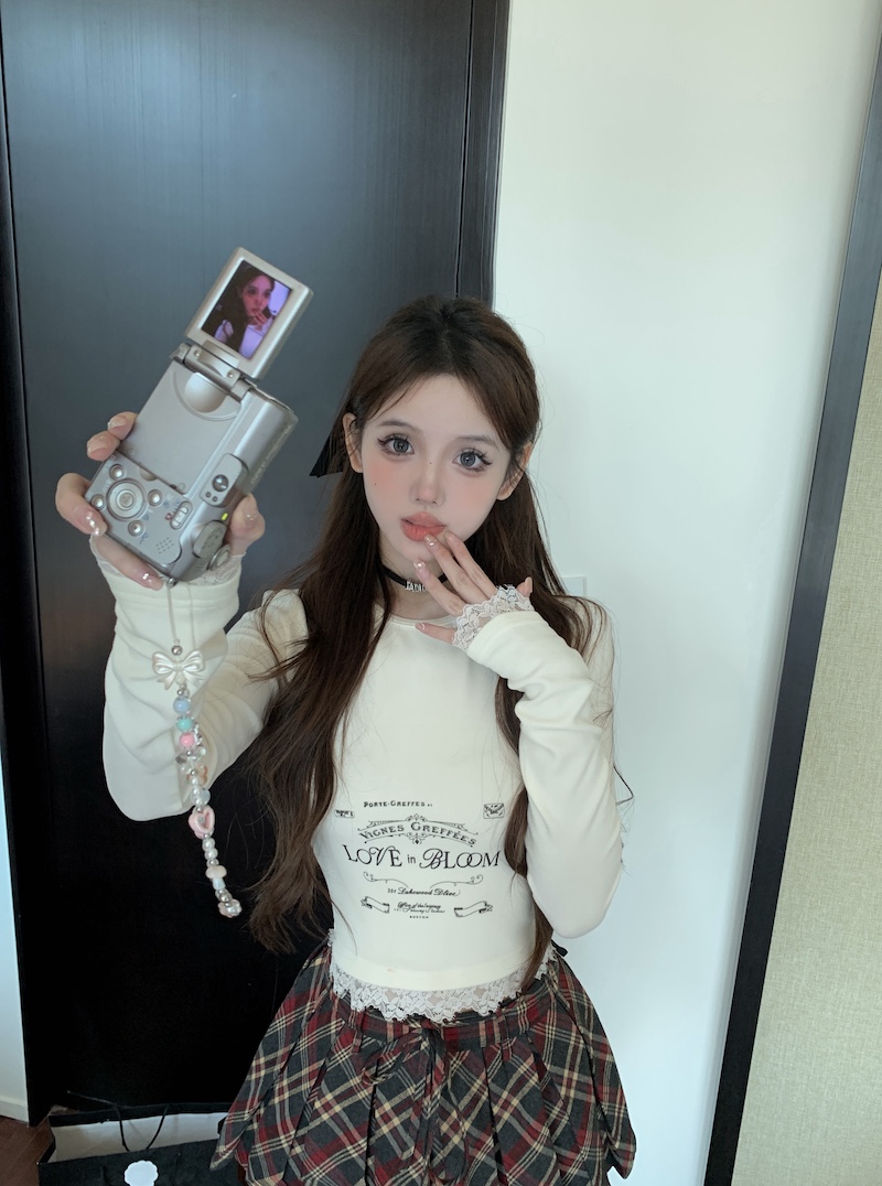 實拍 韓版修身顯瘦短款甜辣長袖T恤打底衫+高腰格子百褶短裙
