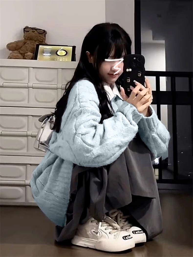 2023新款小個子慵懶風寬鬆藍色毛衣女秋冬季針織衫三件套裝