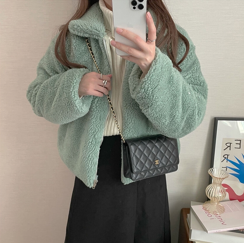 Size update chic Korean autumn and winter fashionable lapel lambswool lining thickened short jacket cotton coat