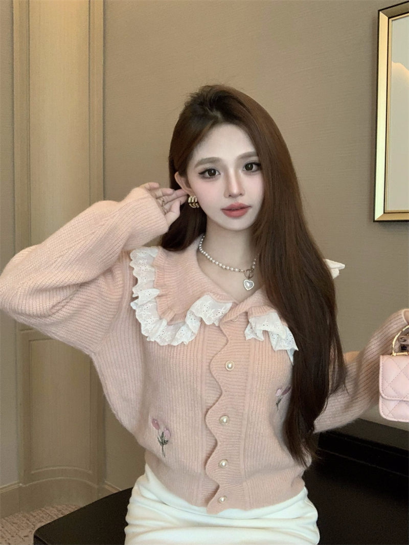 法式甜美減齡花朵娃娃領毛衣溫柔風針織開衫