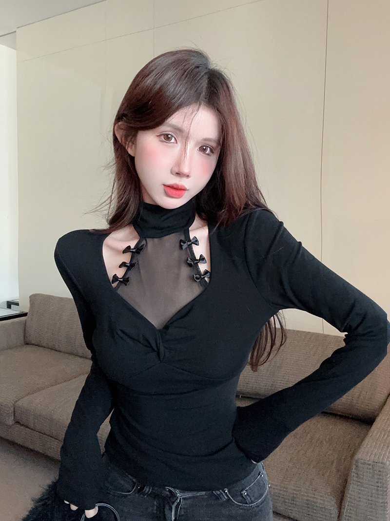 實拍！純欲掛脖內搭性感蕾絲打底衫女秋冬設計感別致上衣2390