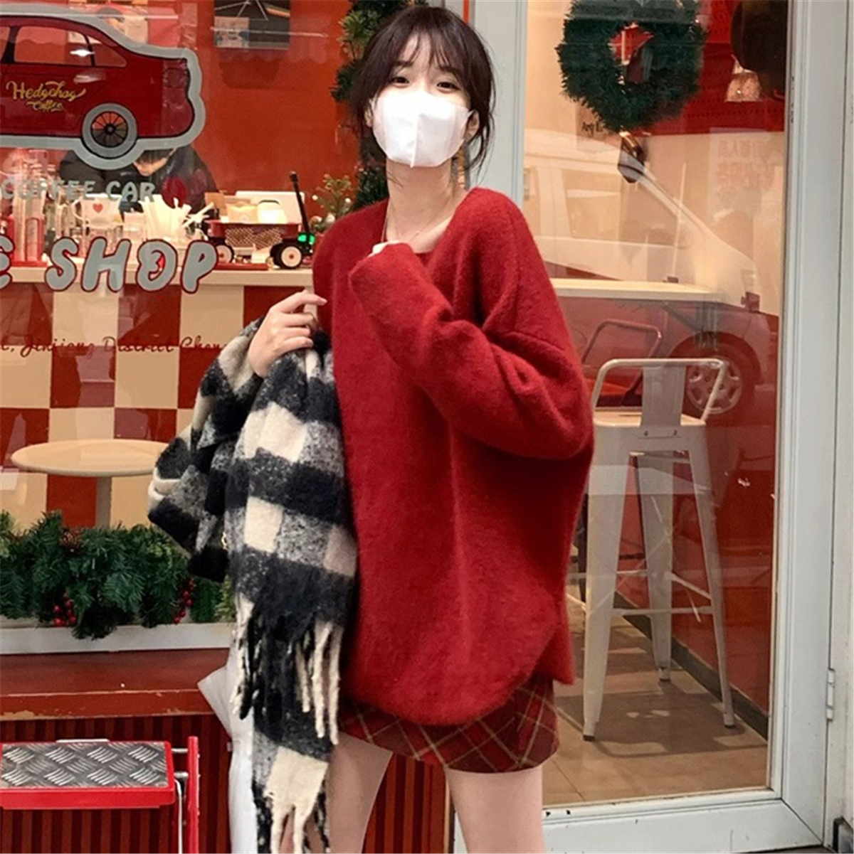 復古洋氣寬鬆慵懶風聖誕元素新年戰袍紅色毛衣半身裙兩件套裝秋冬