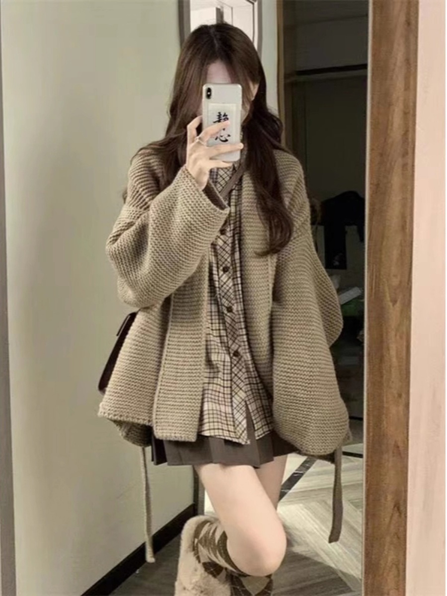 深秋裝搭配一整套毛衣慵懶風外套針織開衫學院風JK制服套裝冬季女