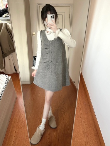两件套韩版小众毛边设计感打底针织衫+洋气减龄背心裙时尚套装女