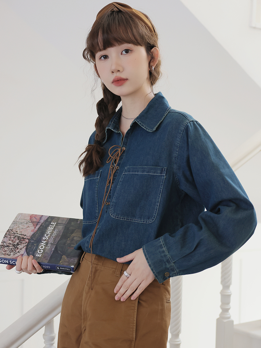 實拍2024春季新款復古做舊系帶牛仔襯衣外套牛仔衛衣上衣女