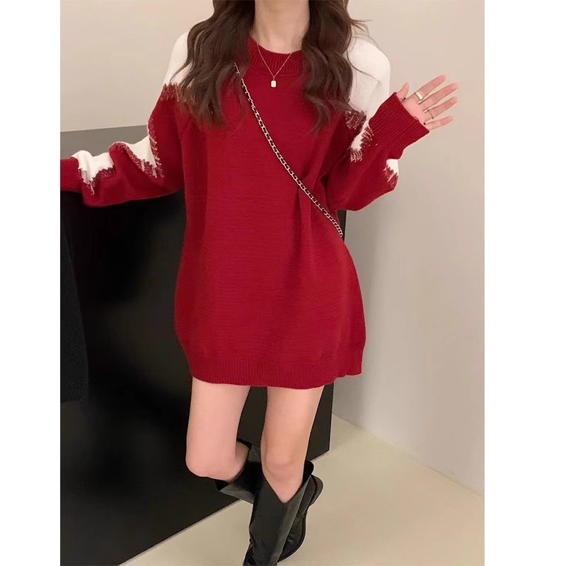 時尚新年聖誕百搭紅色毛衣女寬鬆慵懶風中長款顯瘦秋冬保暖內搭潮