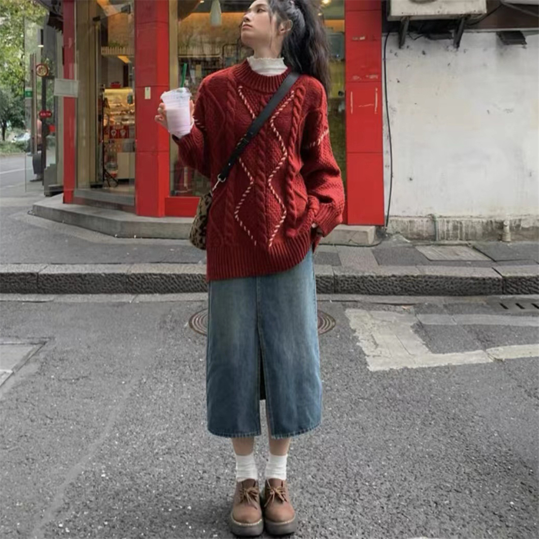 過年新年紅色麻花毛衣半身裙秋冬2024龍年本命年加厚冬季聖誕套裝