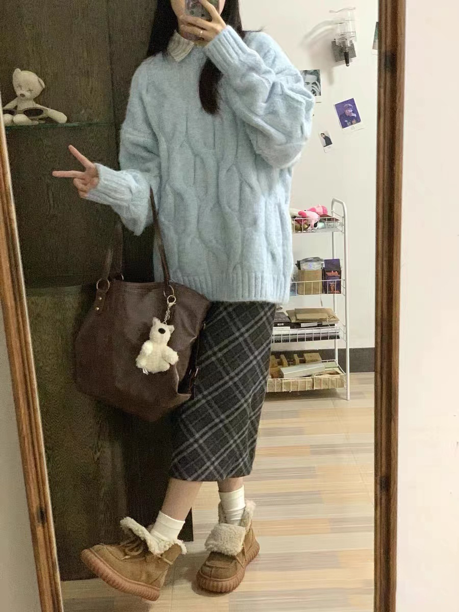 秋冬寬鬆外穿慵懶百搭加厚毛衣針織衫韓劇溫柔風格子半身裙套裝