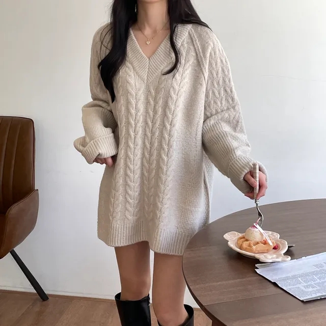 chic 秋冬韓版慵懶風V領麻花休閒寬鬆百搭中長款針織毛衣連衣裙
