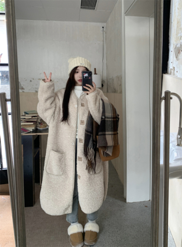 Actual shot ~ Loose and lazy long lamb wool coat for women, Korean style over-the-knee thickened fur all-in-one cotton coat