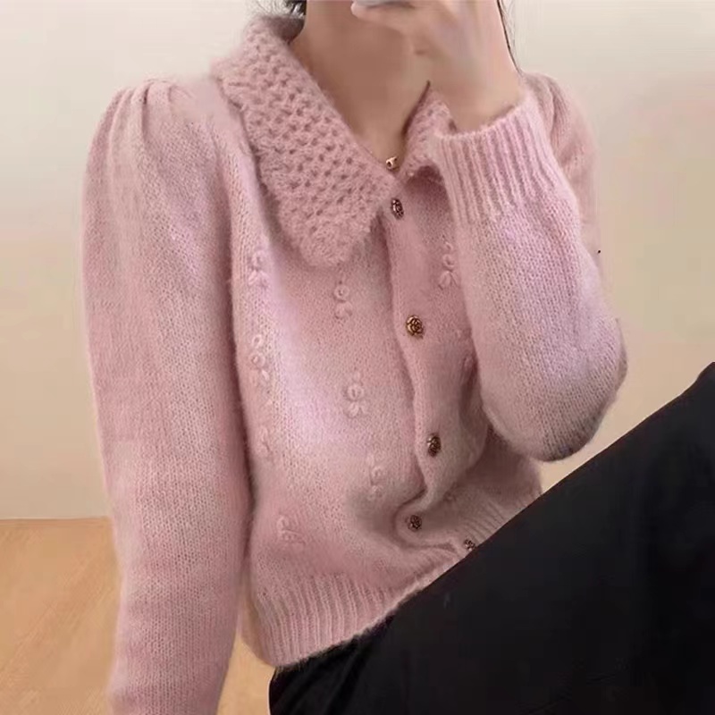 韓國chic秋冬甜美慵懶風別致紐扣立體提花百搭小個子針織衫外套女