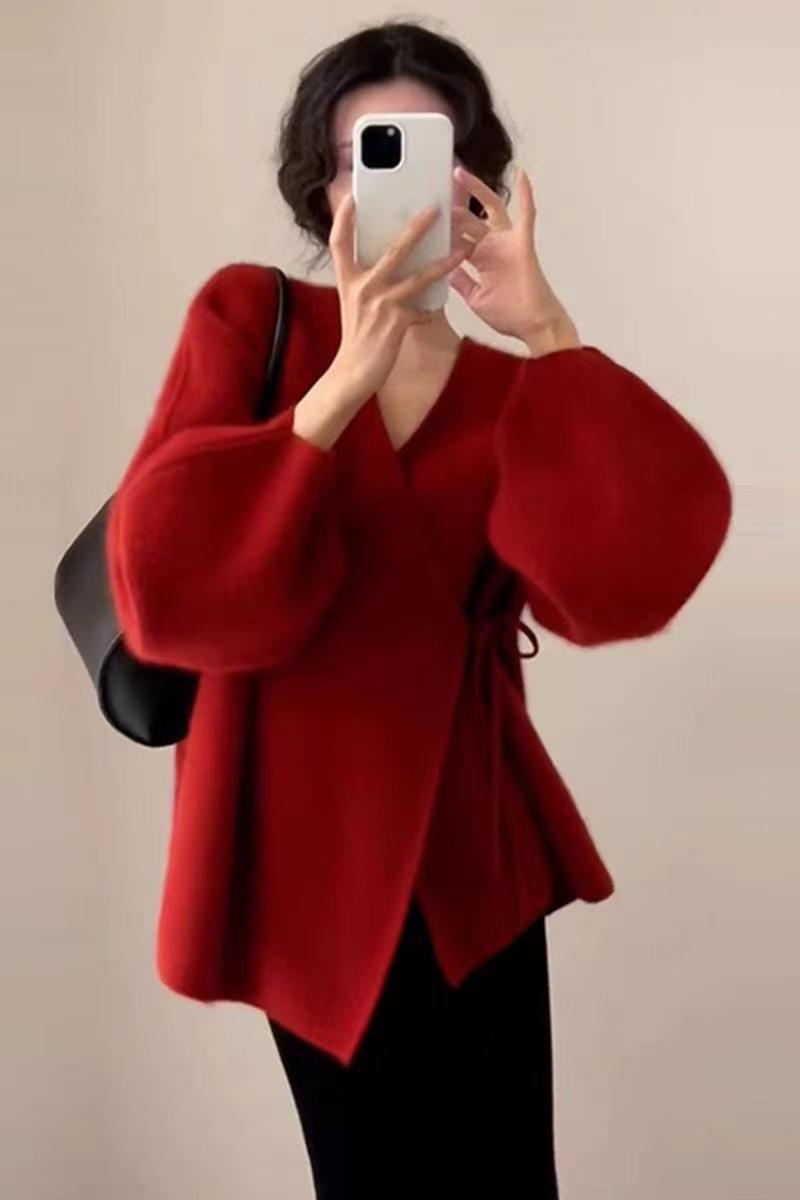 慵懶風紅色聖誕v領毛衣外套女秋冬季2023新款小個子針織開衫上衣