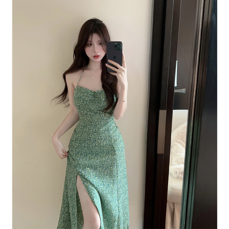 實拍碎花連衣裙女綠色法式復古茶歇裙子2024年夏季新款氣質中長裙