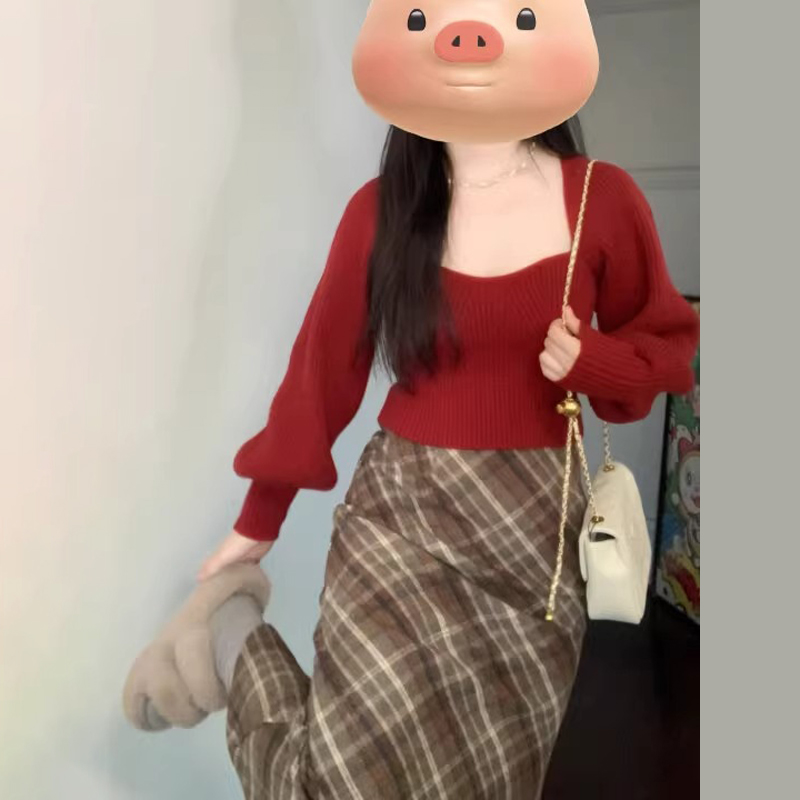秋冬套裝女復古顯白保暖遮肉臘月毛衣+格子半裙新年小個子兩件套