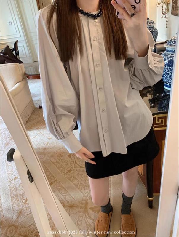 aaaaxbbb 烏斯洛百葉窗 天絲燈籠袖襯衫女款圓領紐扣氣質內搭上衣