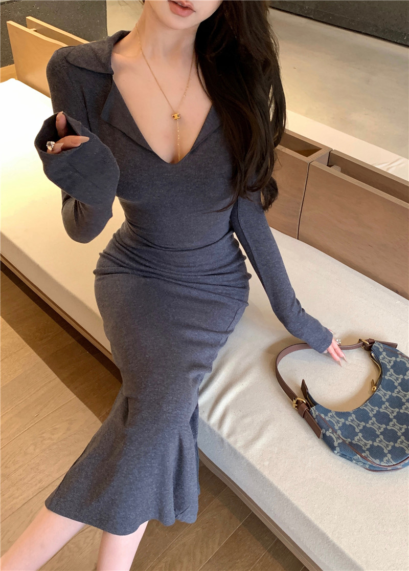 實拍~復古純欲性感深v翻領針織收腰顯瘦長款內搭打底連衣裙