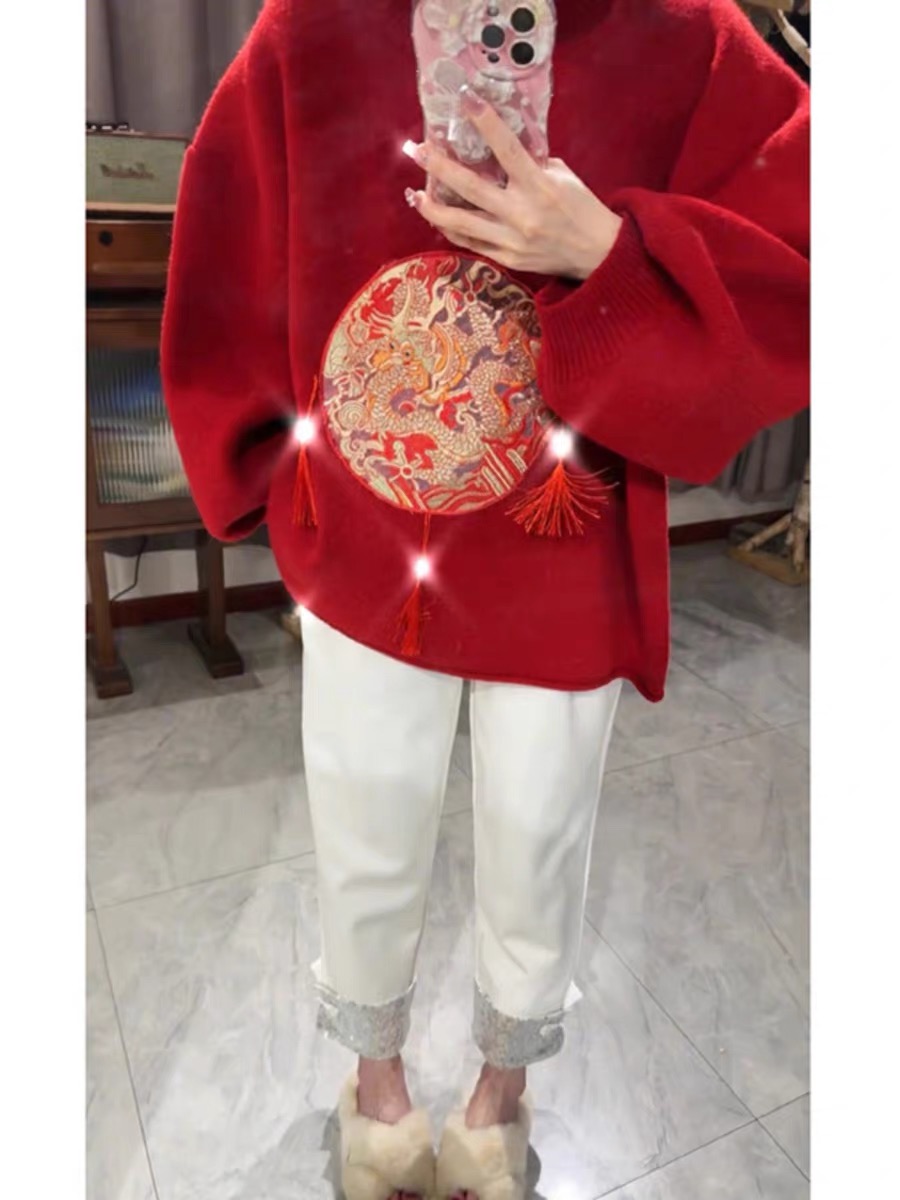 新年拜年服紅色毛衣女2024新款今年流行的設計感小眾別致針織衫