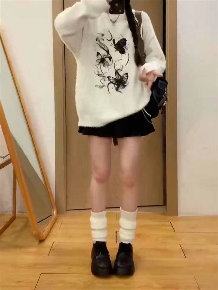 仿貂絨蝴蝶毛衣秋冬女寬鬆慵懶風甜美破洞設計小眾外套百褶裙套裝
