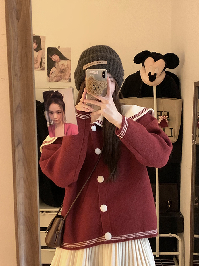 實拍~ 秋冬新款韓版寬鬆撞色海軍領新年紅針織毛衣開衫外套女