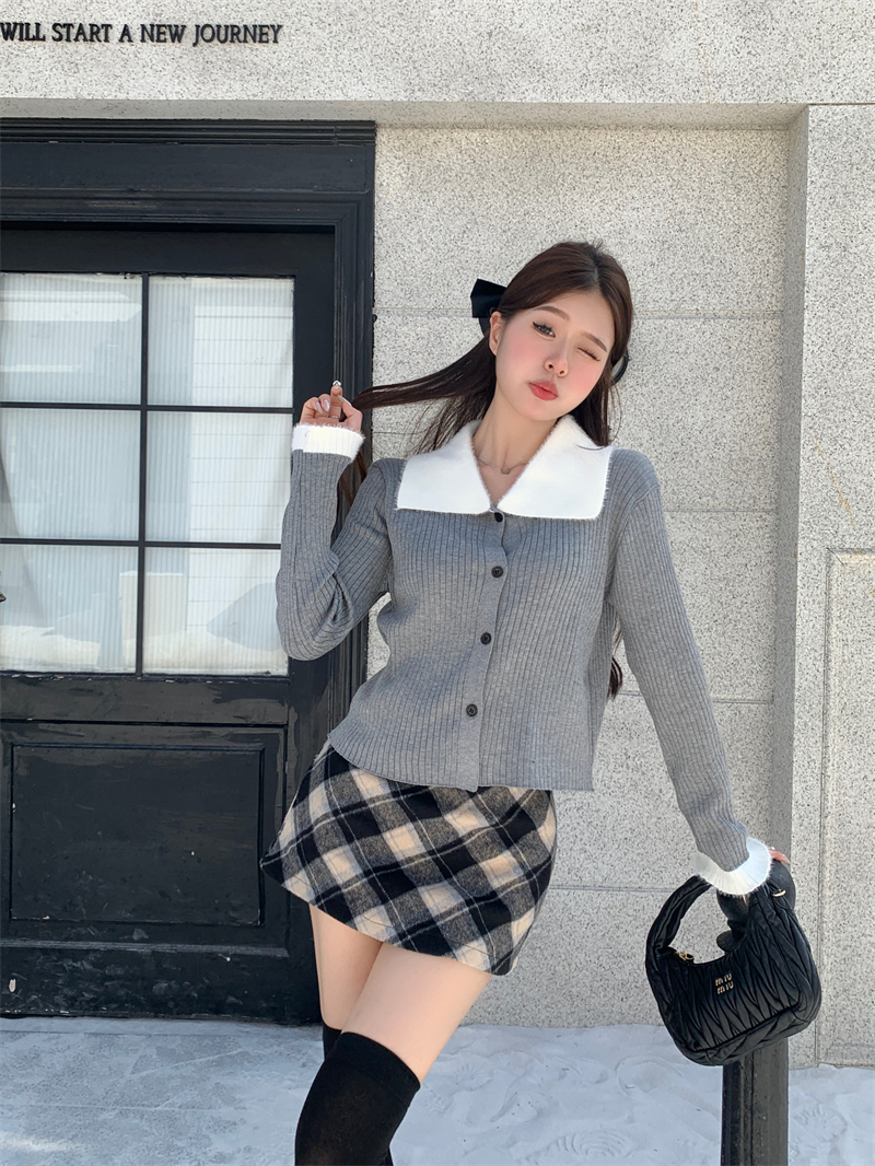 實拍 秋冬新款法式溫柔風拼接外穿短款針織衫長袖毛衣女