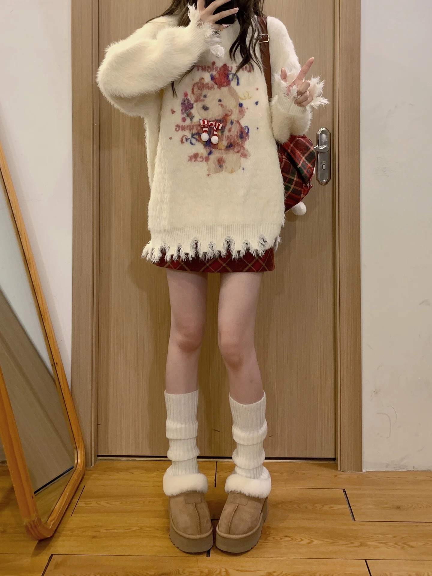 秋冬季聖誕印花毛衣小個子兩件套2023新款a字半身短裙套裝裙子女