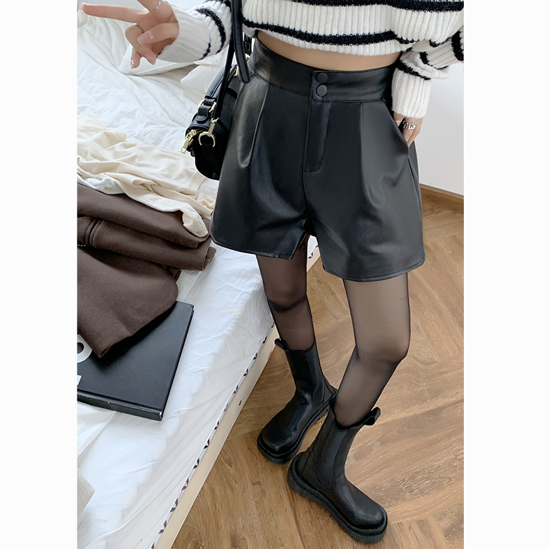 實拍2024新款pu皮短褲寬鬆休閒顯瘦闊腿鬆緊腰皮短褲女